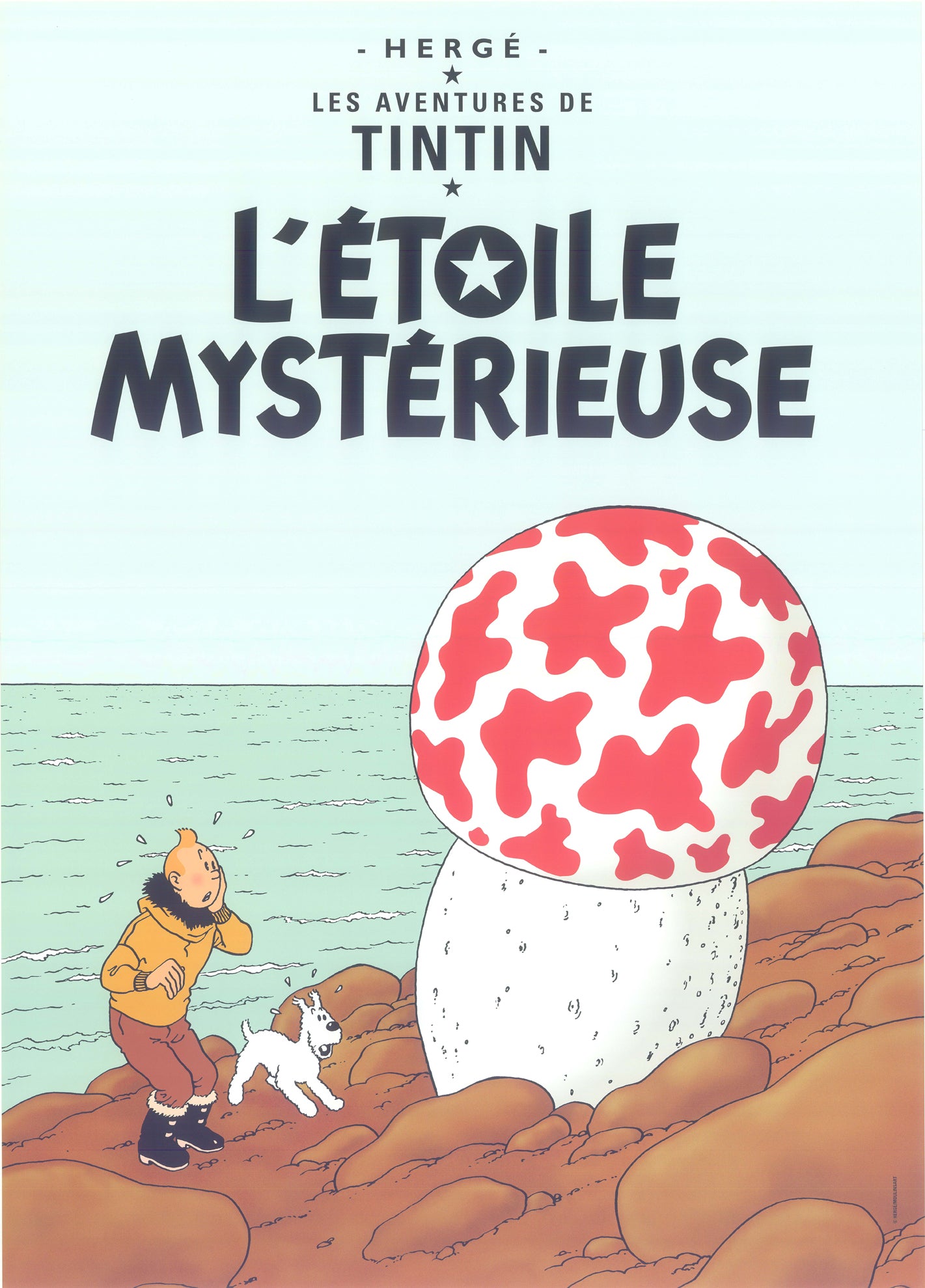 Tintin book cover: L'Etoile Mysterieuse. Character and dog discover large red-spotted sphere on rocky shore. Hergé adventure postcard.