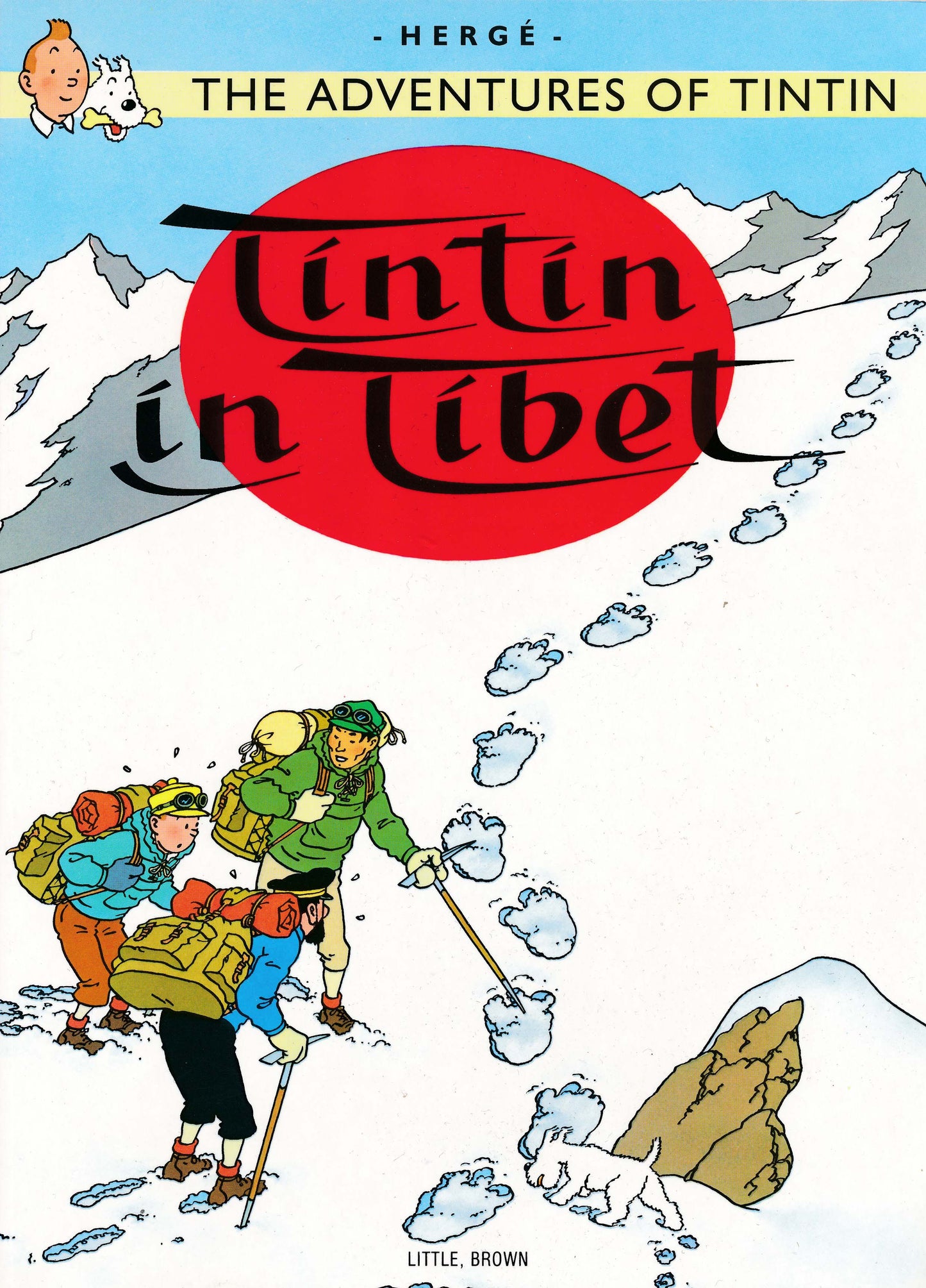 Tintin in Tibet book cover postcard showing adventurers climbing snowy mountains with red sun logo and Hergé's iconic characters