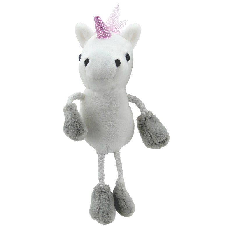 Adorable white unicorn finger puppet with purple horn, gray hooves, and long legs for interactive storytelling and play