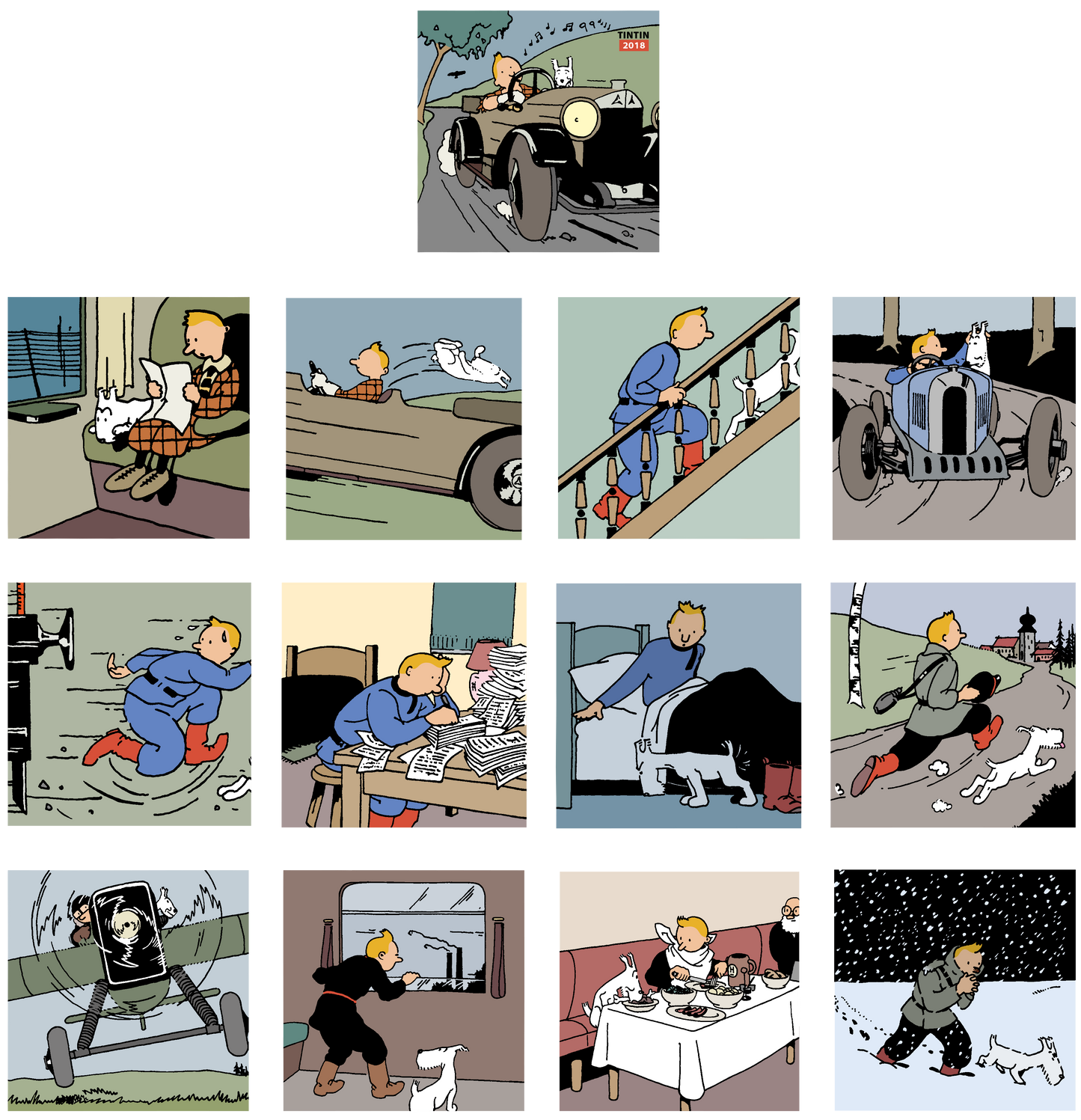 2018 Tintin wall calendar featuring comic panels from "Tintin in the Land of the Soviets", showcasing adventures and escapades across 12 months