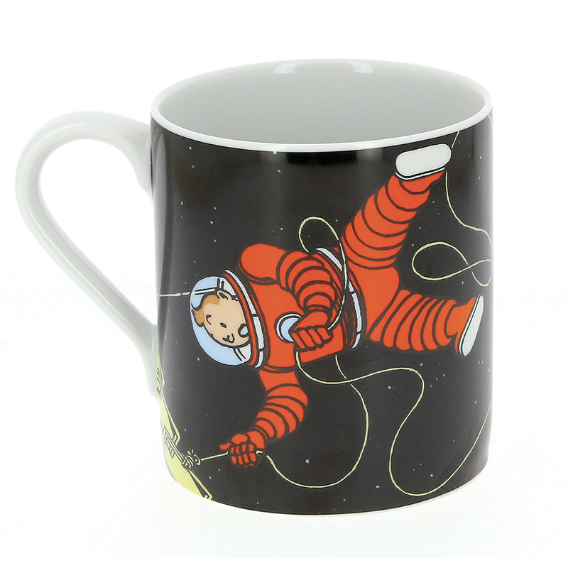 Tintin Explorers on the Moon mug featuring cartoon astronauts floating in space, connected by tether lines