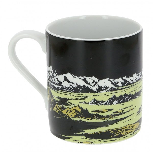 Tintin Explorers on the Moon porcelain mug featuring iconic rocket landing on lunar landscape against starry sky