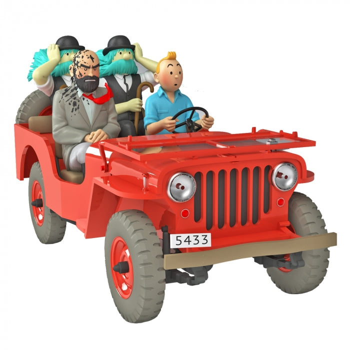 Tintin 1943 Desert Jeep Willys model from "The Land of Black Gold" with cartoon characters in a red off-road vehicle