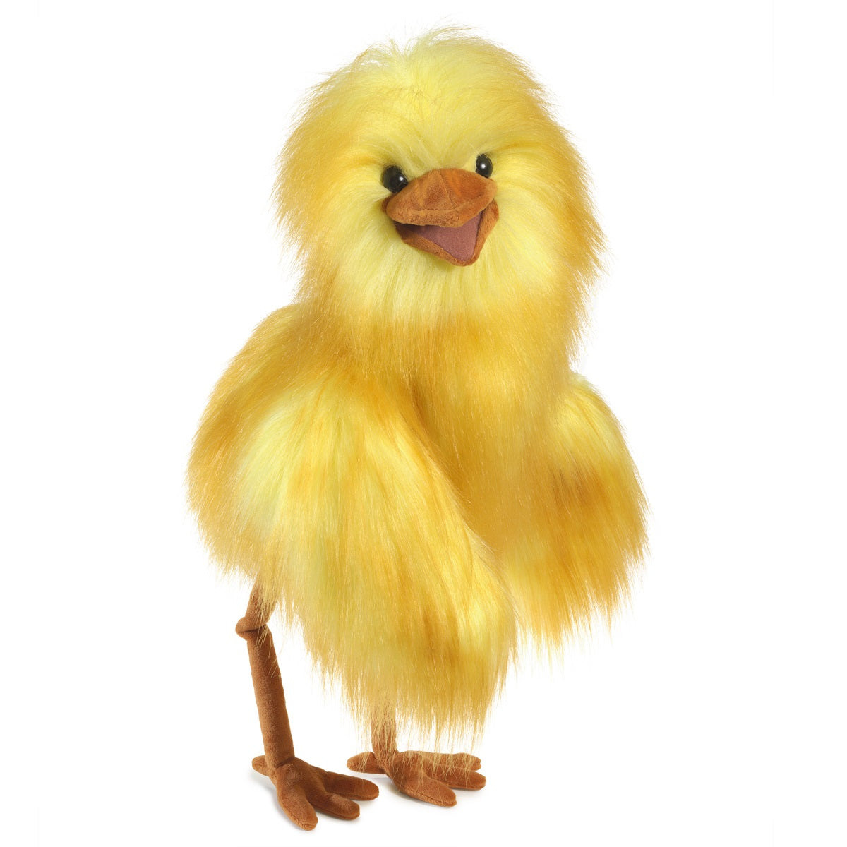 Folkmanis Funny Bird hand puppet with bright yellow plush, expressive beak, and floppy legs for interactive play