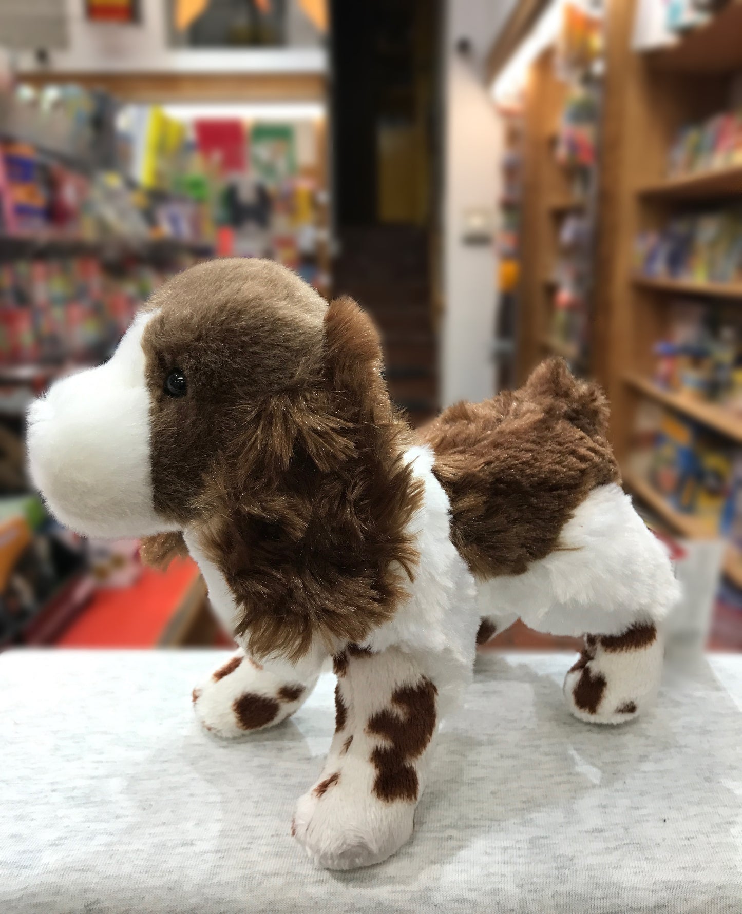 Cuddly Springer Spaniel plush toy with brown and white spotted coat, standing in bookstore, realistic features and soft fur