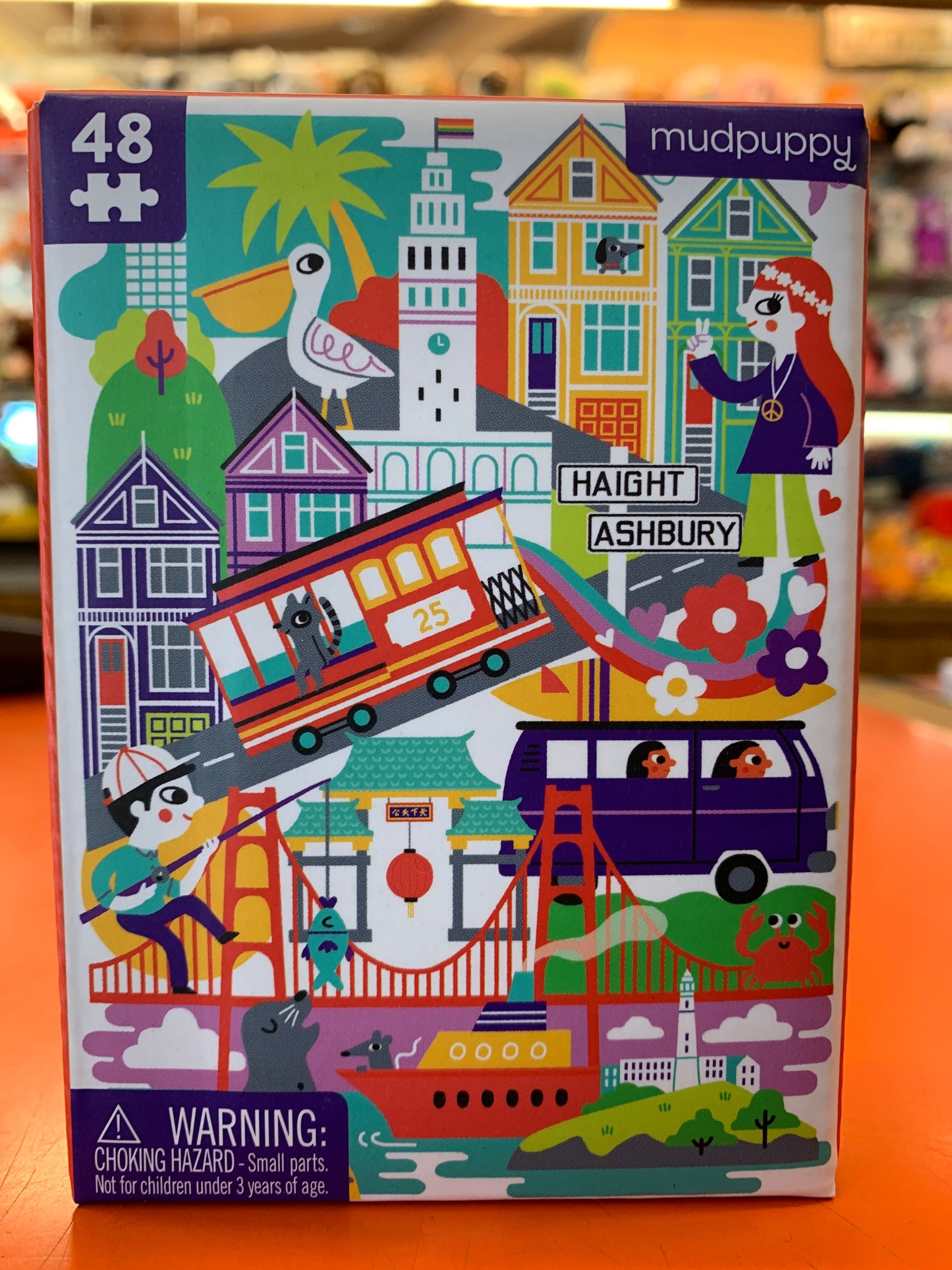 Colorful San Francisco mini puzzle featuring iconic landmarks, cable car, Golden Gate Bridge, and Haight-Ashbury street sign