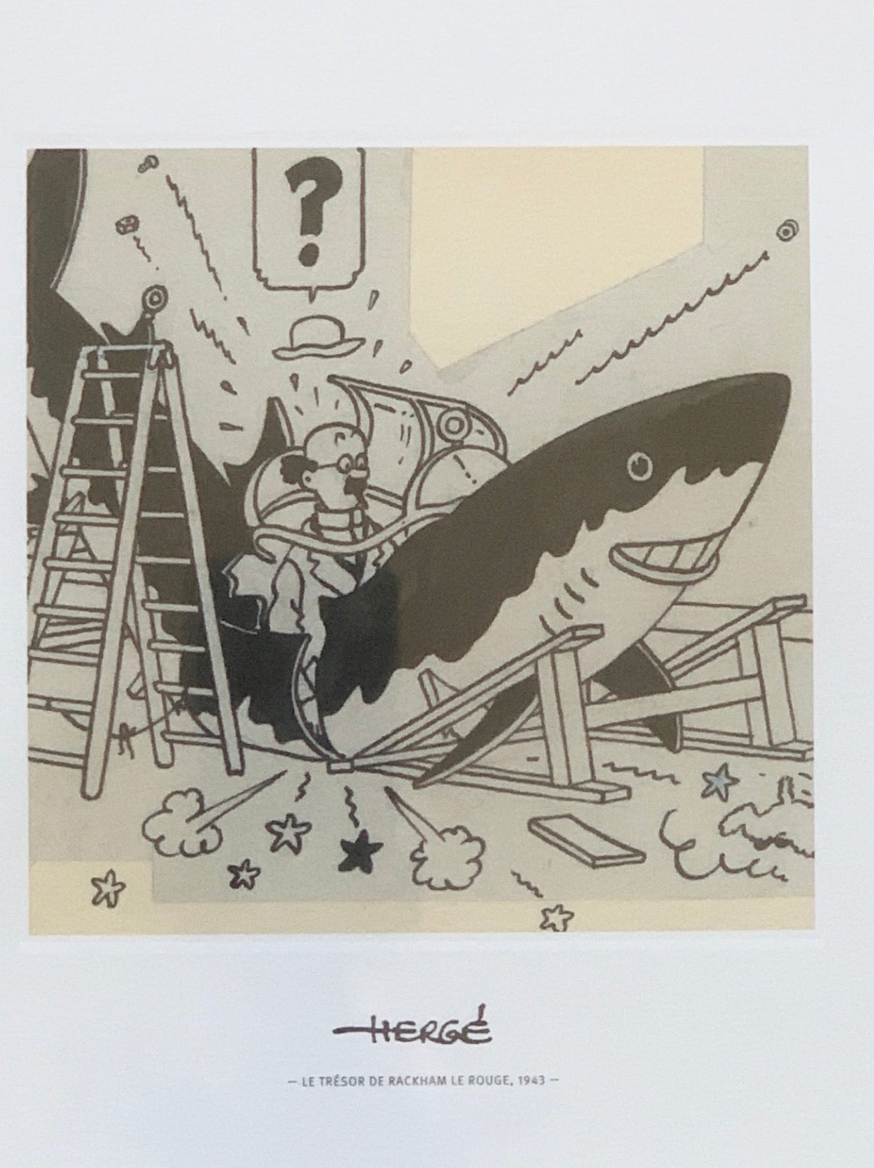Framed Hergé print from Red Rackham's Treasure, showing character inside shark model with ladder and question mark
