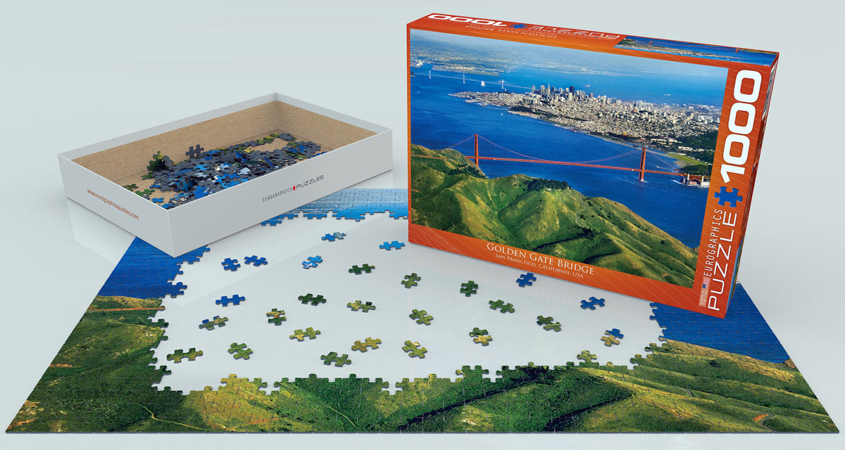 Eurographics Golden Gate Bridge 1000-piece puzzle box, partially assembled puzzle, and storage tray with San Francisco skyline image