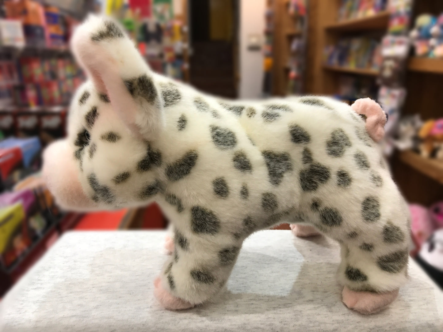 Cute spotted pig plush toy, Pauline, with soft white fur and black spots, standing on display in a toy store