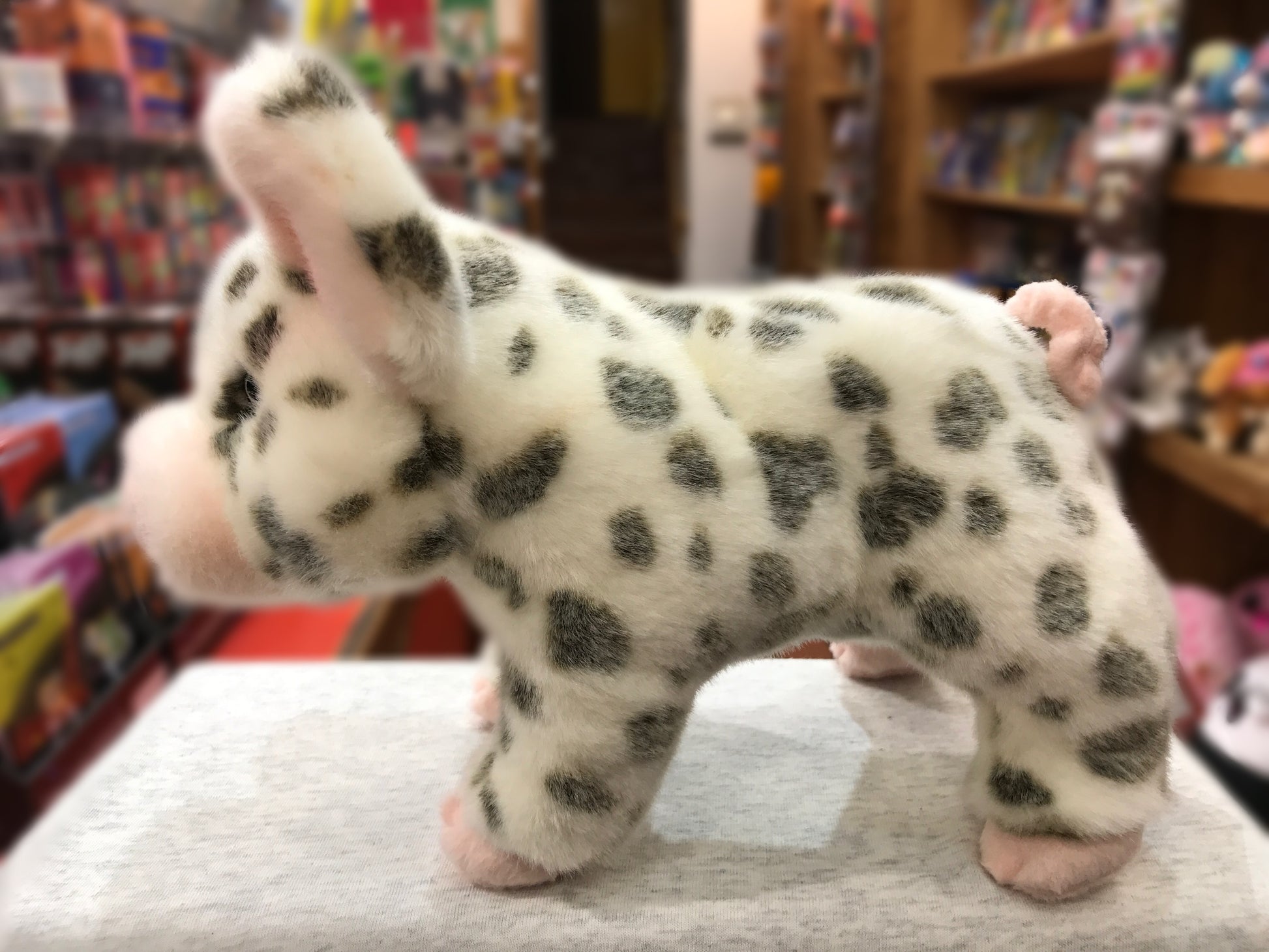 Cute spotted pig plush toy, Pauline, with soft white fur and black spots, standing on display in a toy store
