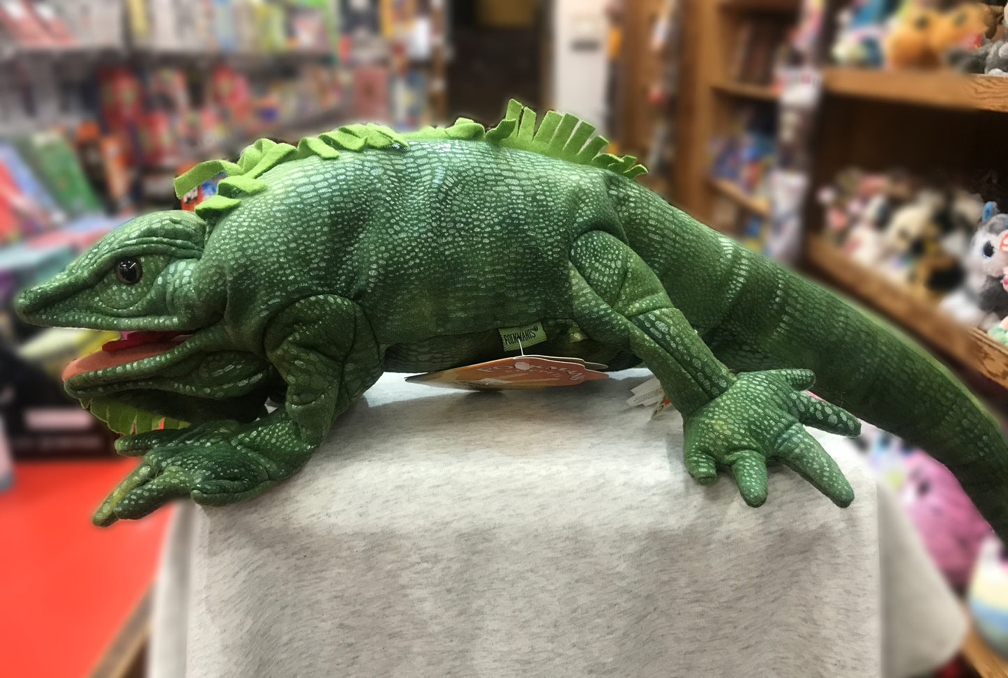 Realistic green Folkmanis Iguana puppet with textured skin and movable parts, displayed in toy store setting