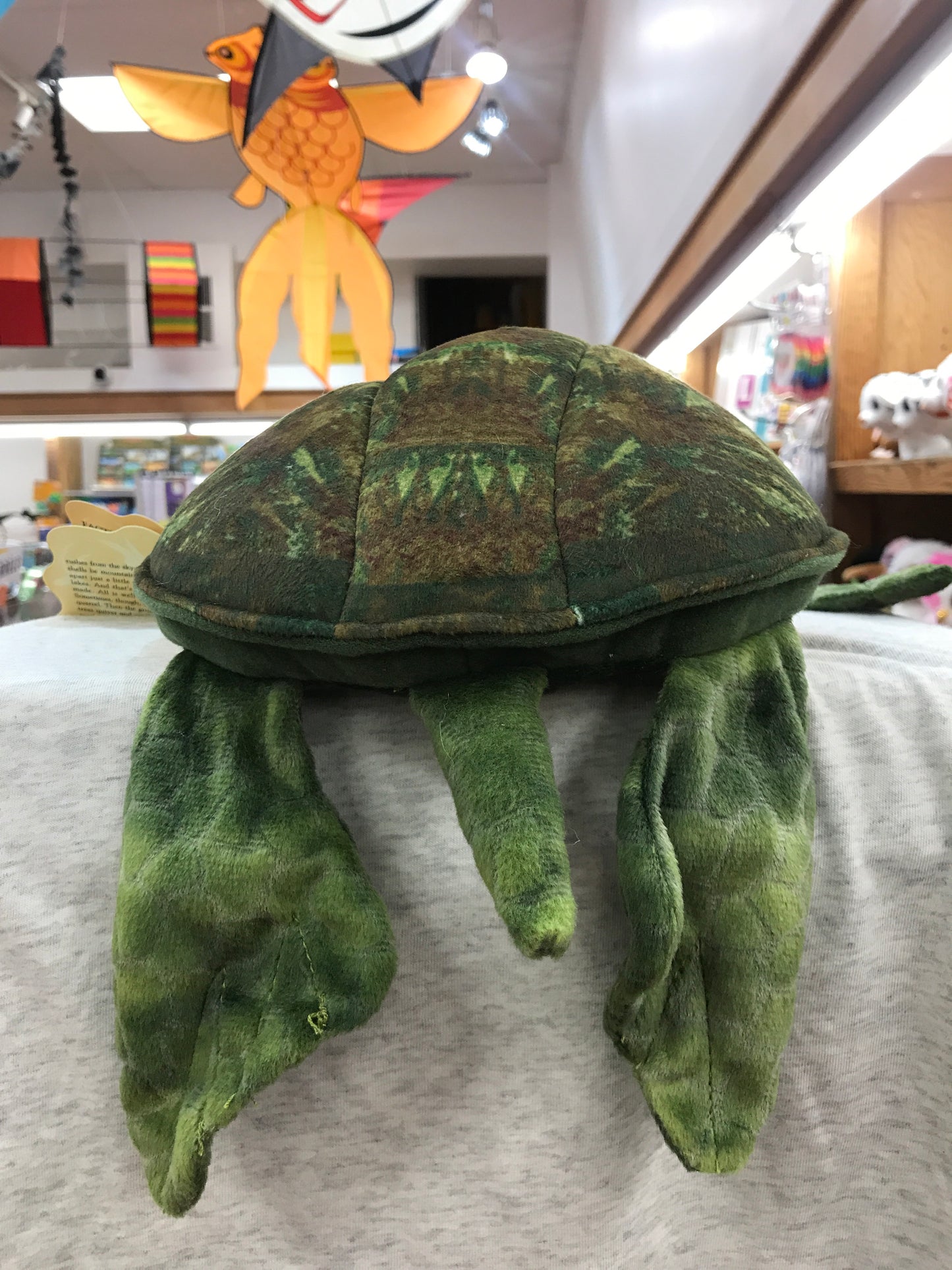 Folkmanis sea turtle puppet with realistic green patterned shell and flippers, displayed in toy store setting