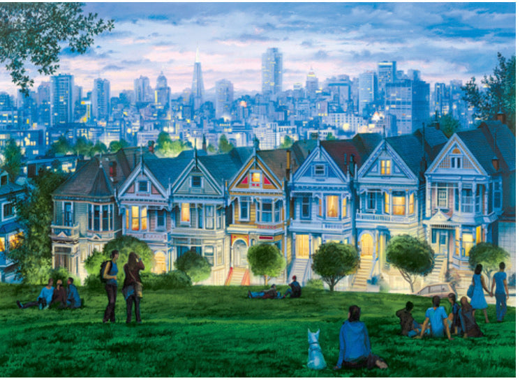 Colorful puzzle image of San Francisco's Seven Sisters Victorian houses at dusk, with city skyline and people in park