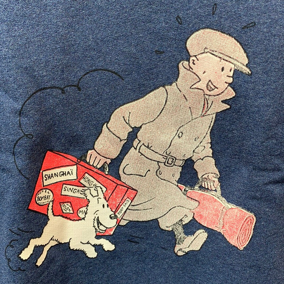 Tintin and Snowy returning from adventure, carrying suitcase with Far East travel stickers on blue kids' sweatshirt design