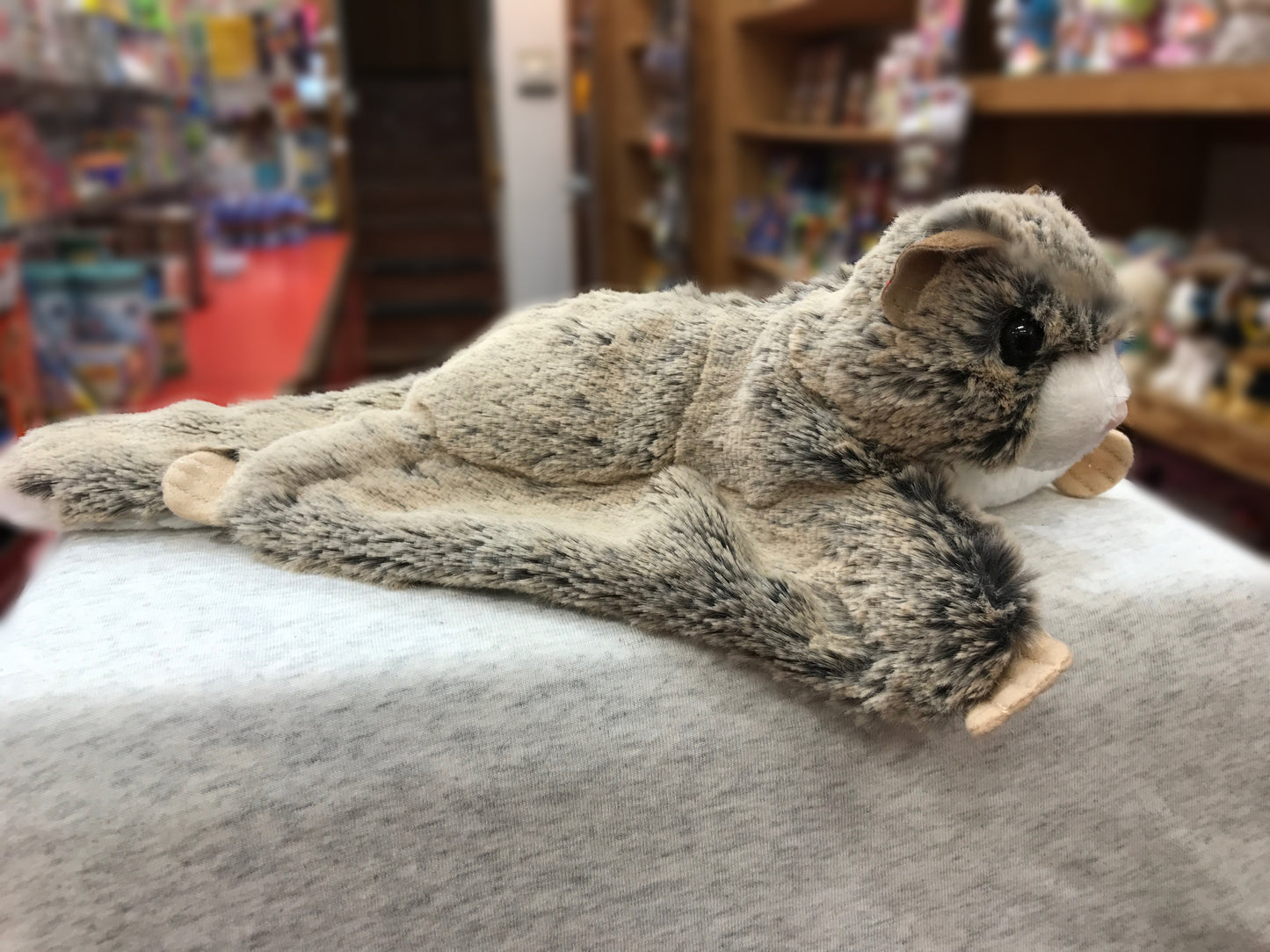 Realistic Douglas Jumper flying squirrel plush toy with soft brown fur, outstretched paws, and gliding membranes on display