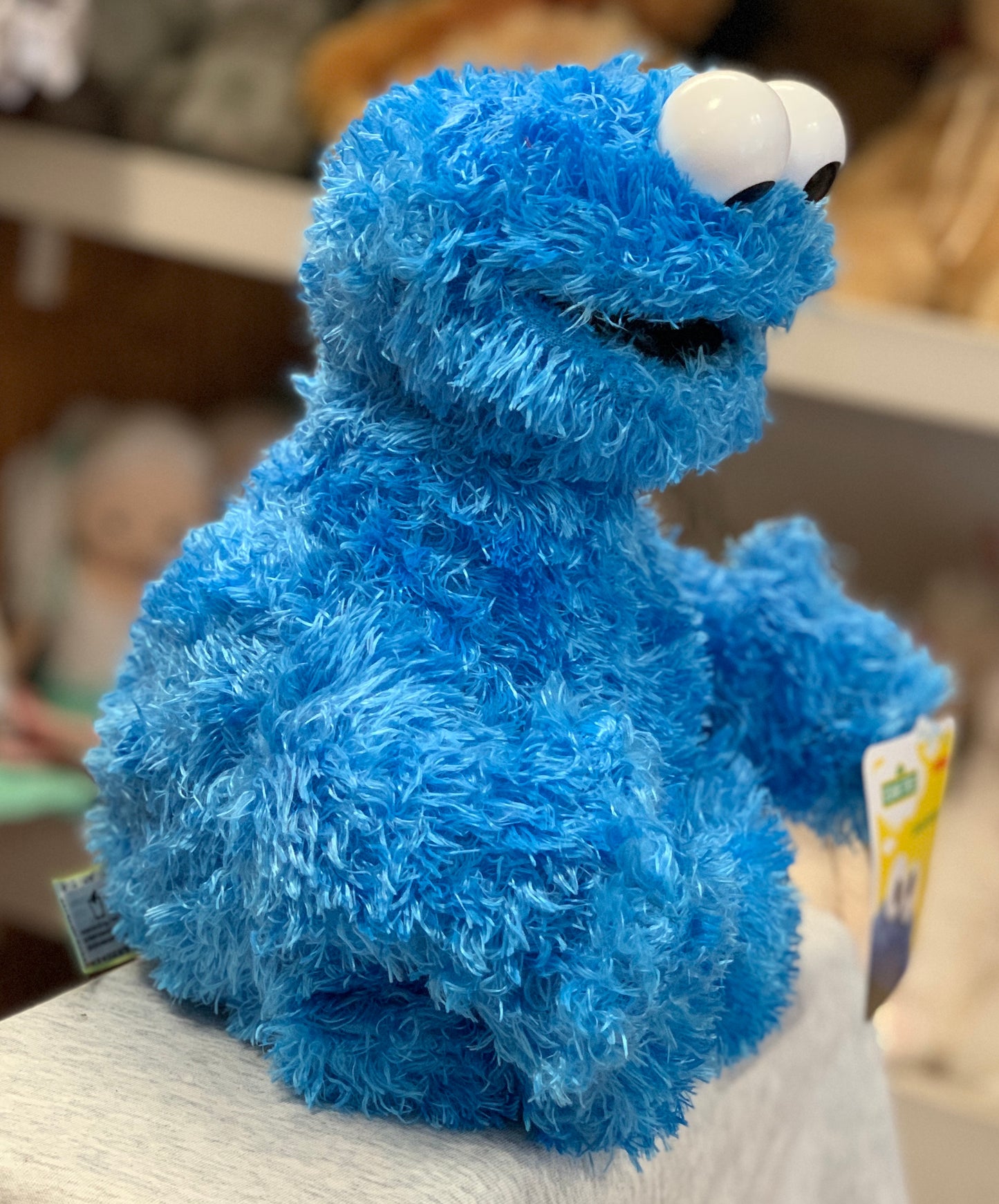 Gund Sesame Street Cookie Monster plush toy, 12 inches tall, bright blue fuzzy fur, sitting on display shelf