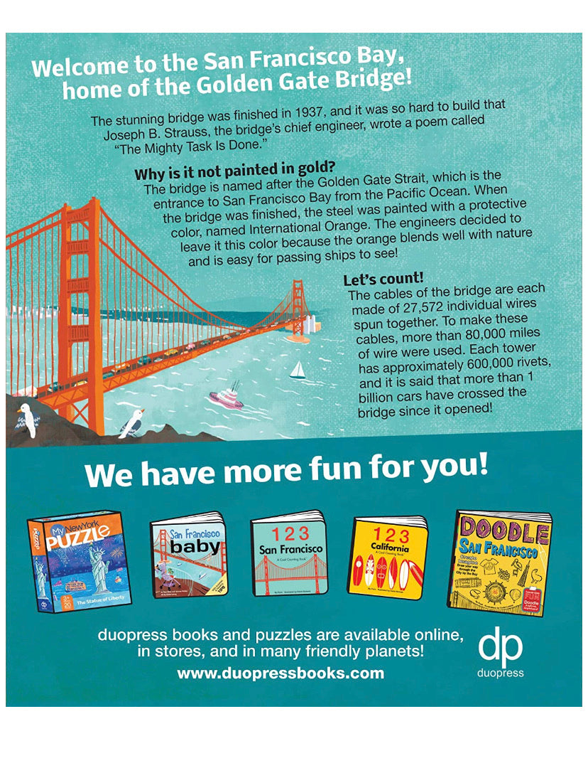 Golden Gate Bridge puzzle and facts, with images of San Francisco themed books and puzzles from duopress