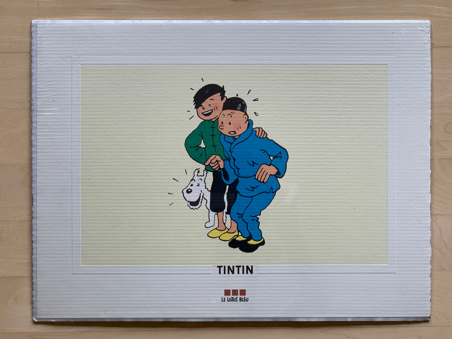 Rare Tintin lithograph from Le Lotus Bleu, 1995 Moulinsart production, showing characters and dog in colorful scene