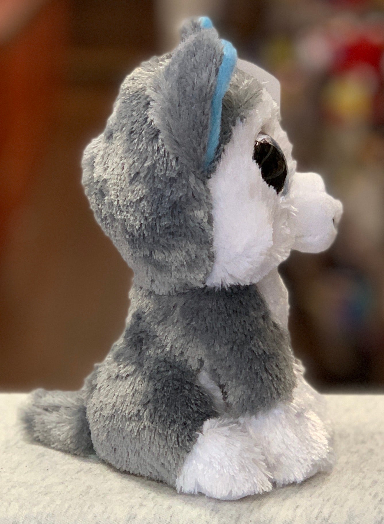 Ty Beanie Boo Slush husky plush toy with gray and white fur, sitting upright with large eyes and blue-tipped ears