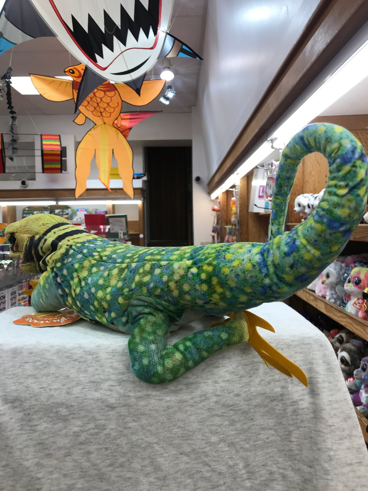 Folkmanis collared lizard puppet, green and blue speckled, displayed in toy store with colorful ceiling decorations