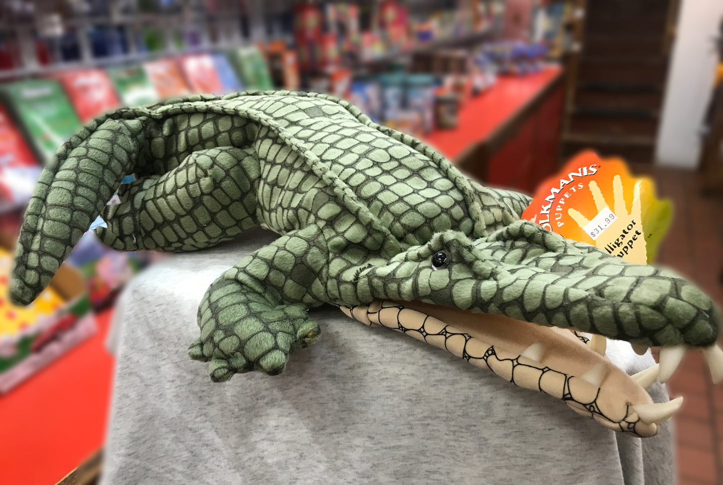 Realistic Folkmanis alligator puppet with scaly green body and open mouth, displayed in toy store setting