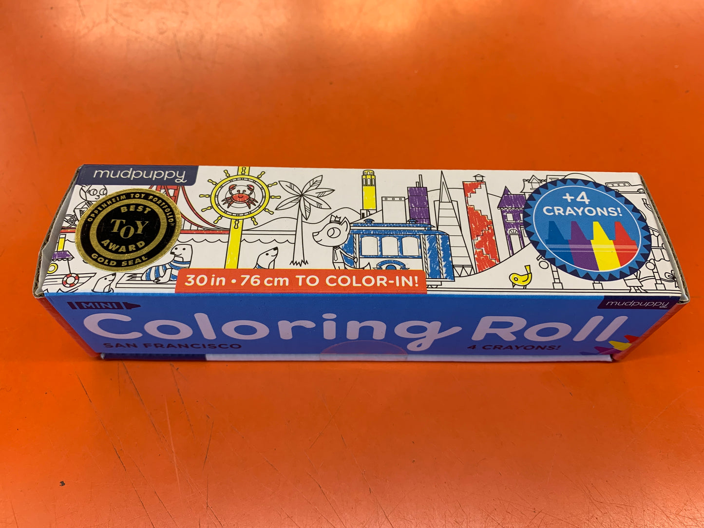 San Francisco 30-inch coloring roll with 4 crayons, featuring city landmarks and award-winning design for kids' entertainment