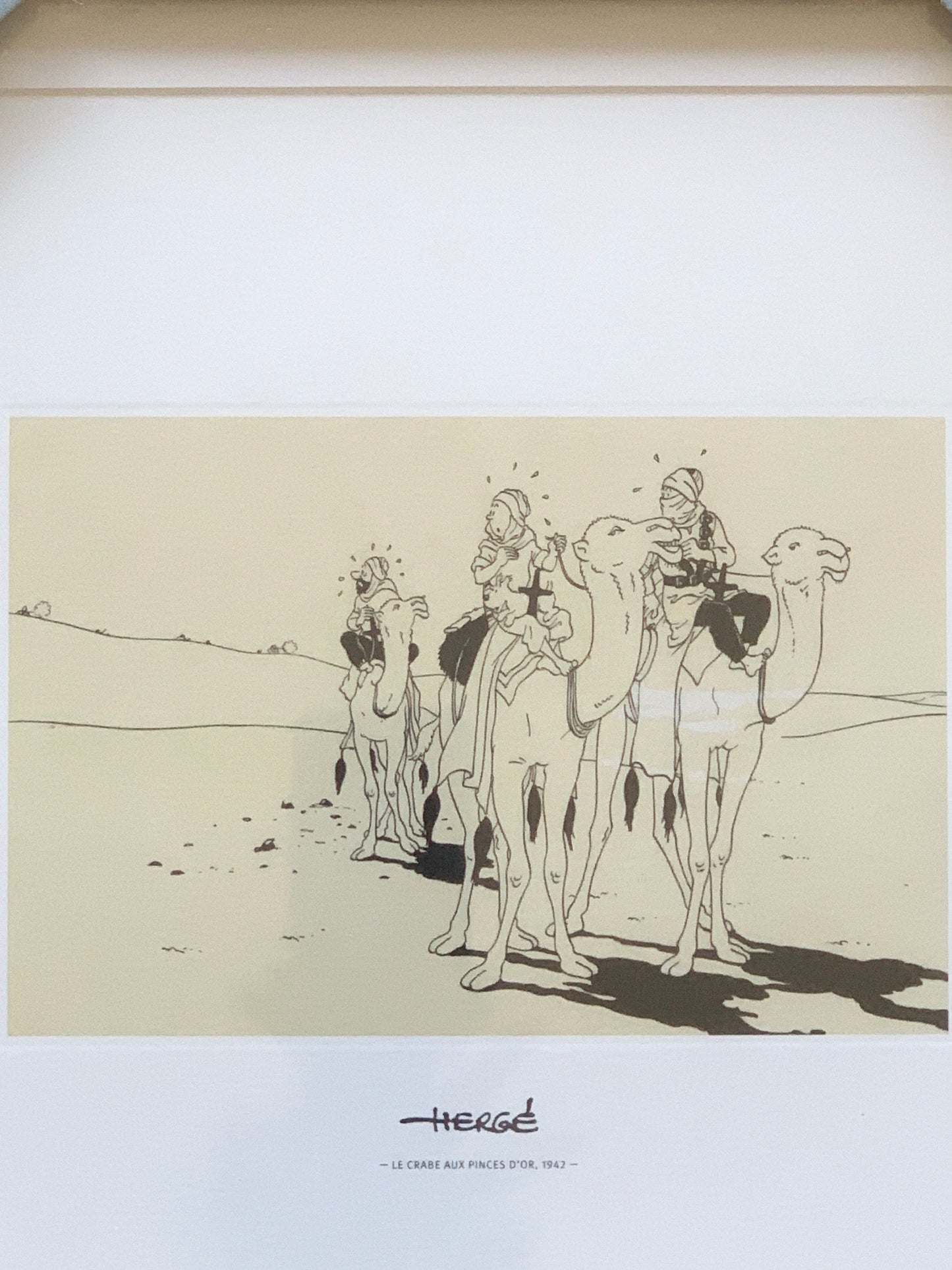 Hergé's The Crab with the Golden Claws framed print: Desert scene with camels and riders, from 1943 Tintin album, limited edition artwork
