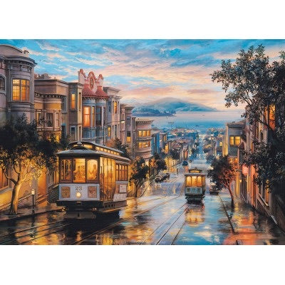 San Francisco cable cars on steep street at dusk, puzzle image of iconic cityscape with Victorian houses and bay view
