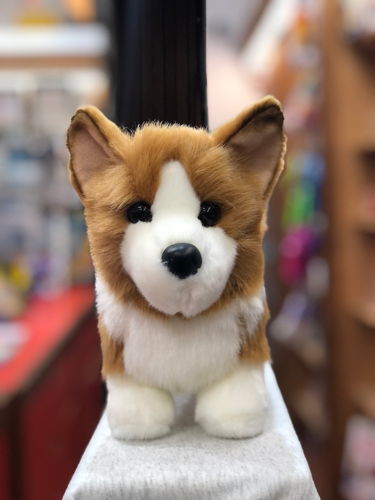 Adorable Douglas Louie Corgi plush toy with realistic golden and white fur, large ears, and engaging brown eyes, sitting on display