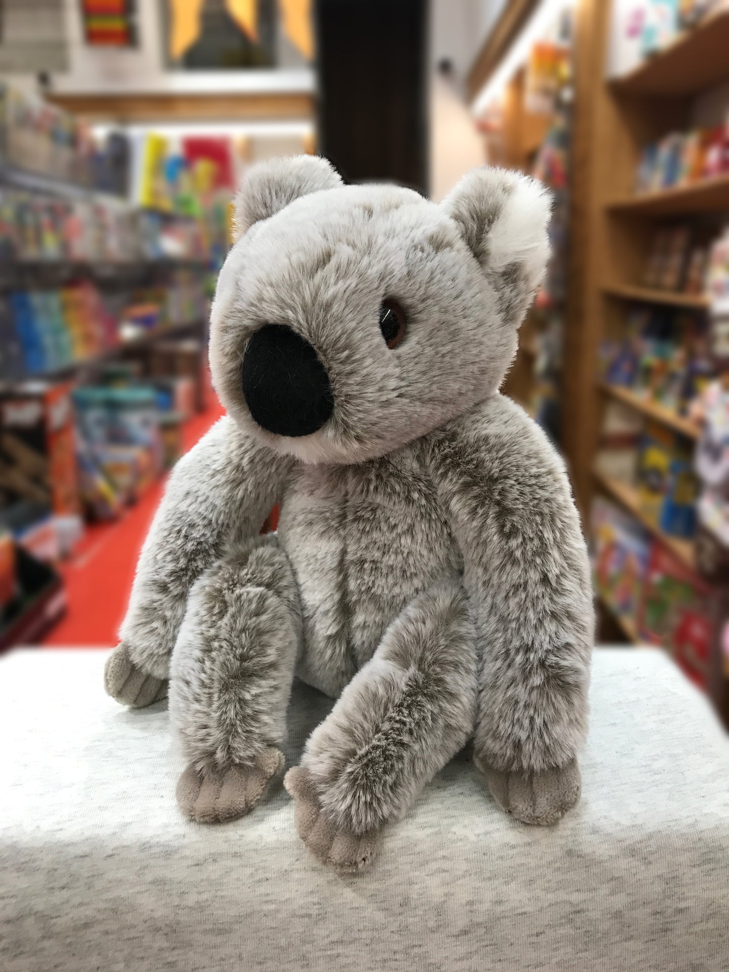 Soft gray koala plush toy sitting on display in bookstore, with lifelike features and cuddly appearance