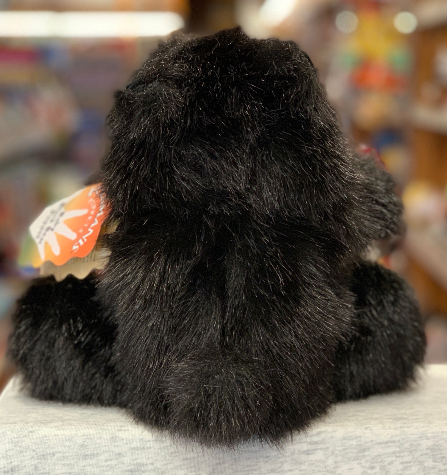 Folkmanis Baby Black Bear hand puppet, soft black fur, orange tag, seen from behind in toy store setting