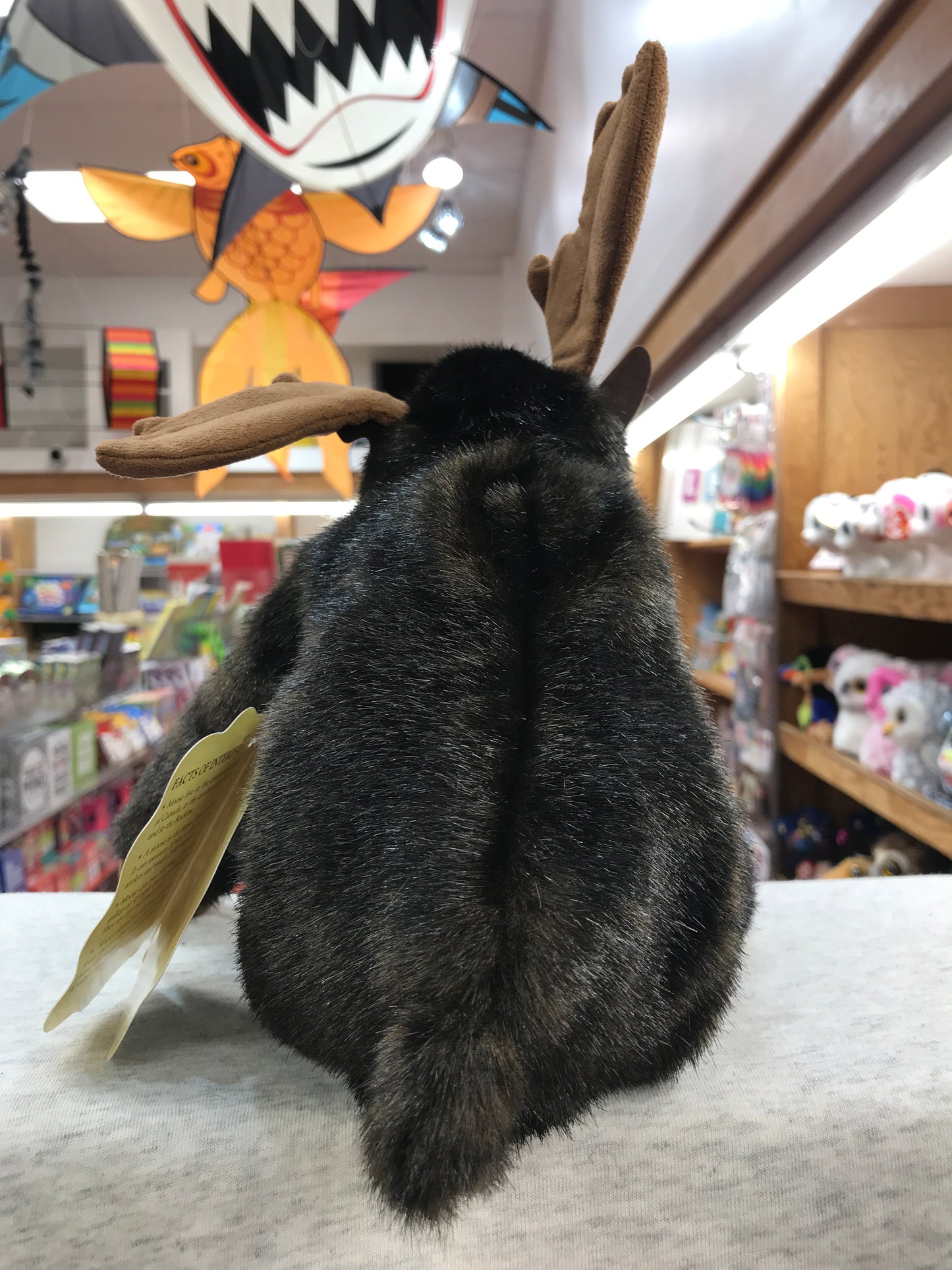 Folkmanis small moose puppet in toy store, viewed from behind showing furry body and antlers, colorful toys in background