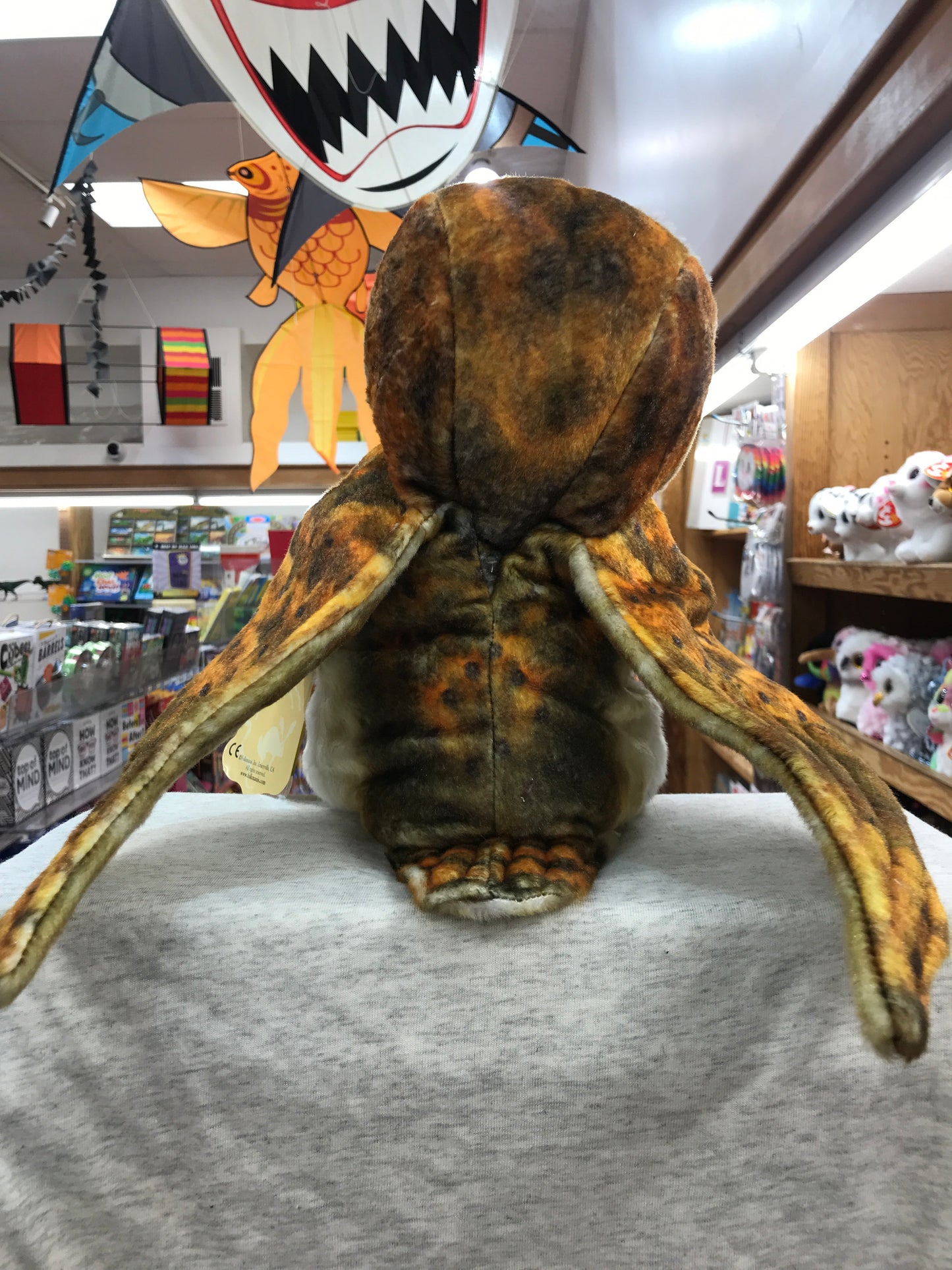 Realistic 14-inch Folkmanis barn owl puppet with feathery body and printed wings, displayed in a toy store setting
