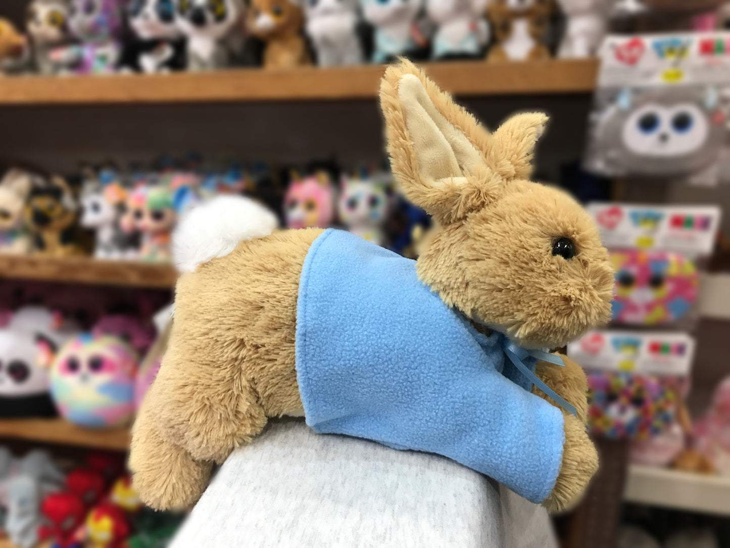 Soft plush Peter Rabbit toy in blue coat, laying down on display shelf with other stuffed animals in background