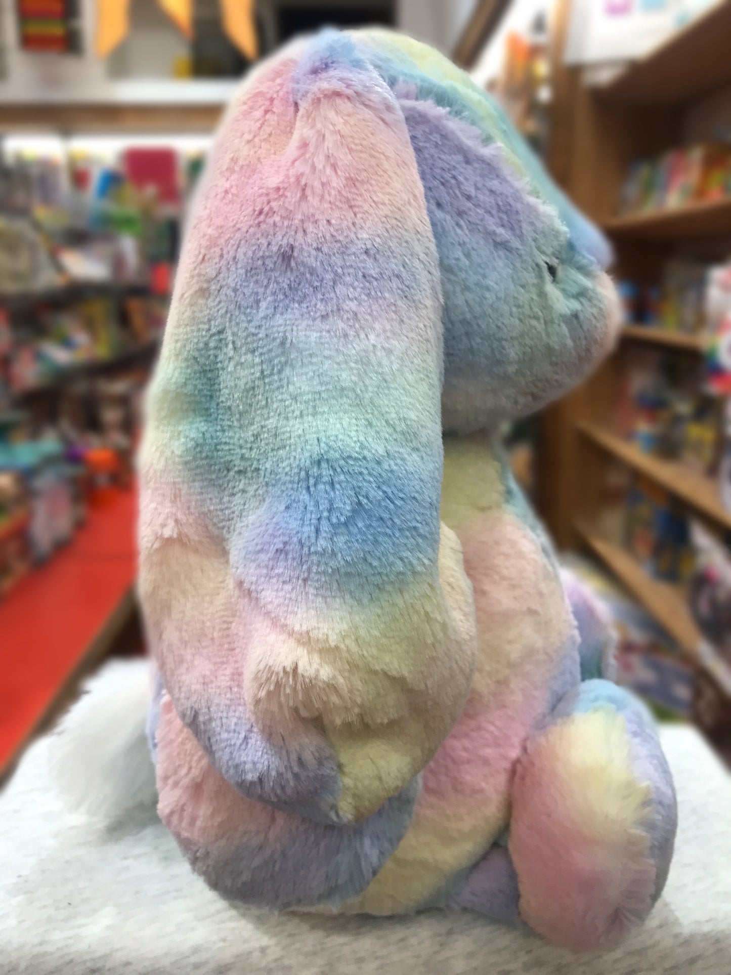 Soft, pastel rainbow Gund bunny plush toy sitting in a bookstore, showcasing its fluffy texture and multicolored design