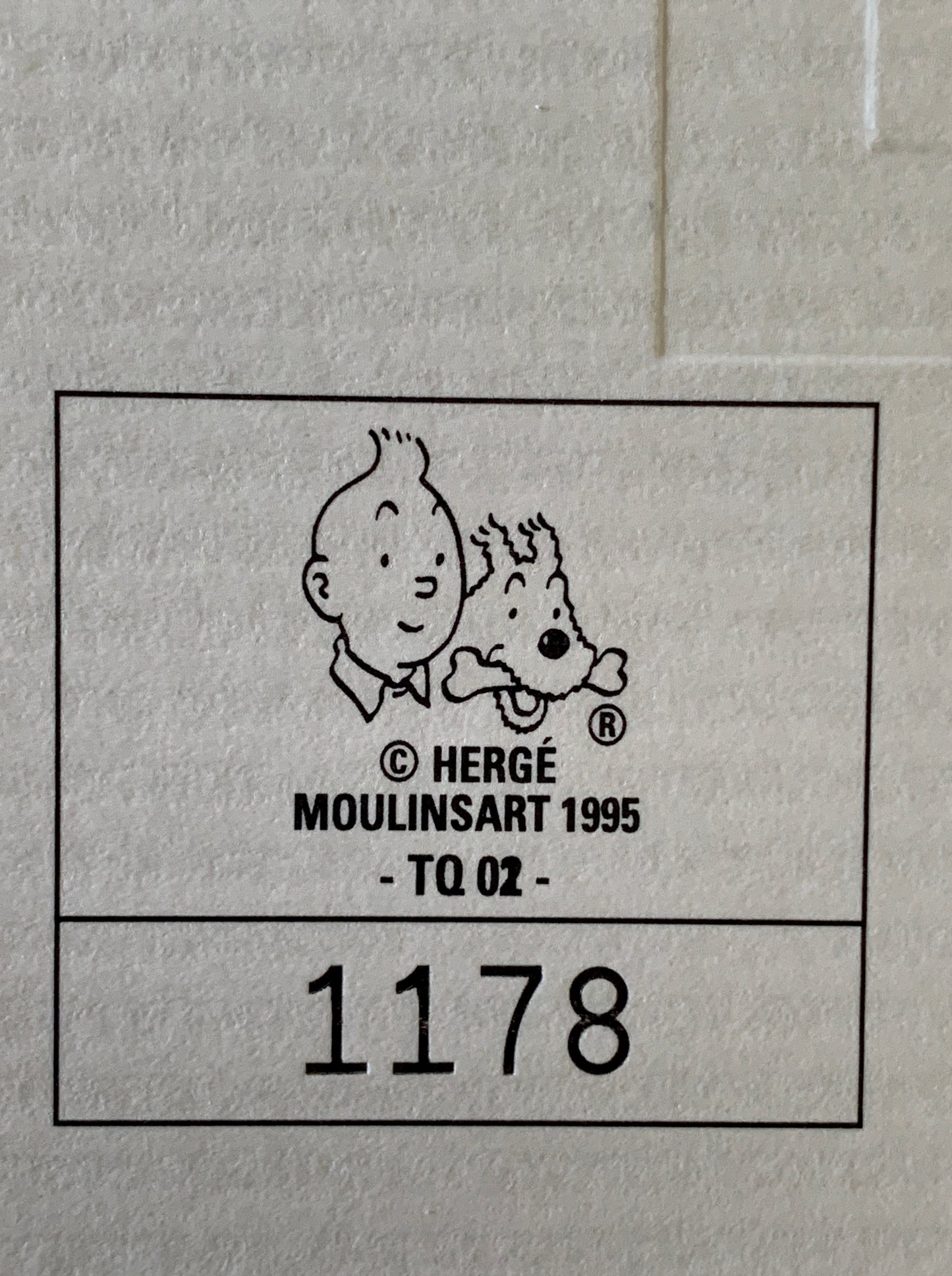 Tintin lithograph detail: Moulinsart 1995 TQ 02 production stamp with iconic character sketches and numbered 1178