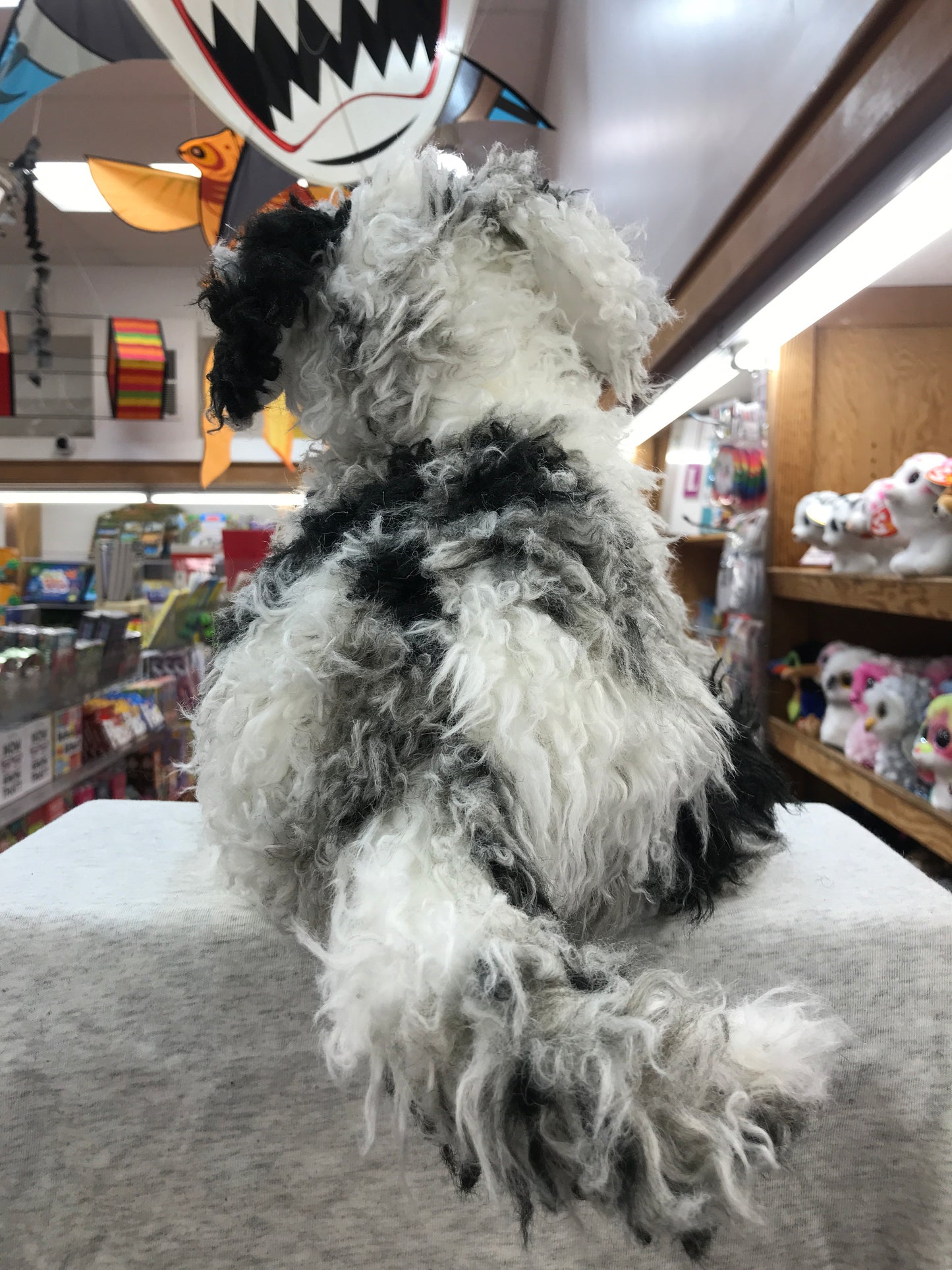 Lifelike Folkmanis Shih Tzu puppet on display in toy store, showcasing fluffy black and white fur and realistic size