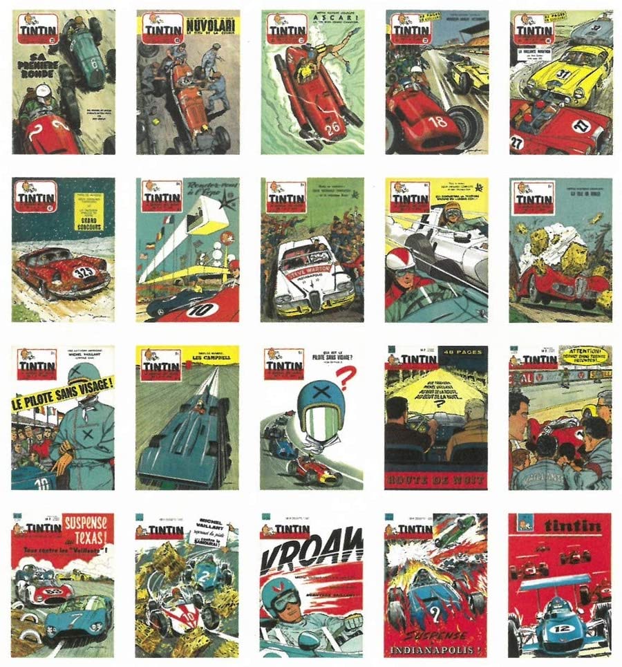 Vintage Tintin Magazine covers featuring Jean Graton's racing illustrations, showcasing dynamic motorsport scenes and comic art
