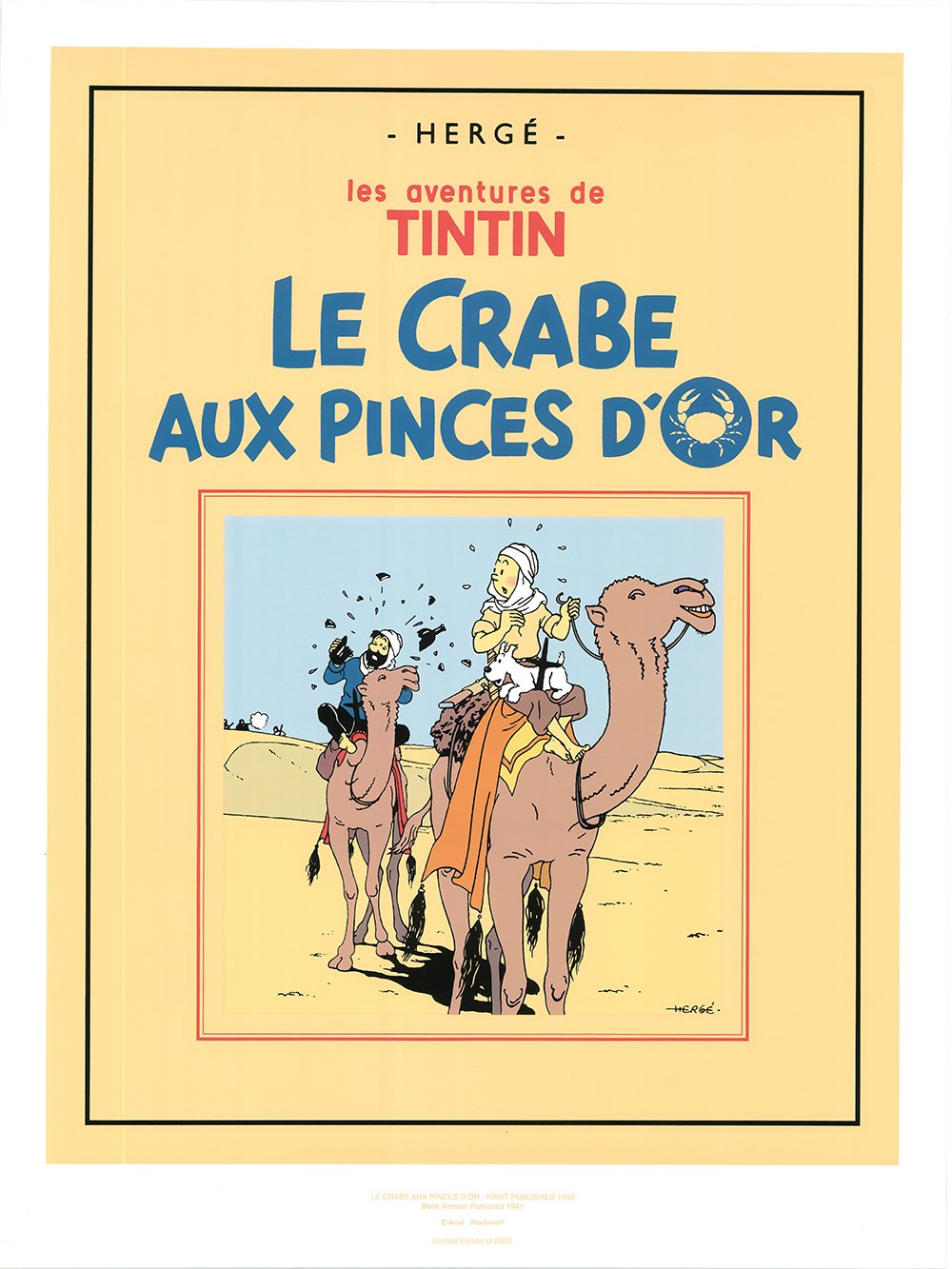 Vintage Tintin book cover poster: "Le Crabe aux Pinces d'Or" featuring characters on camels in desert, under attack