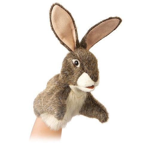 Folkmanis Little Hare hand puppet with realistic brown fur, long ears, and white muzzle for storybook adventures
