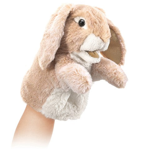 Soft, plush Folkmanis Little Lop Rabbit puppet with movable mouth and forelegs on hand, perfect for storytelling and cuddling