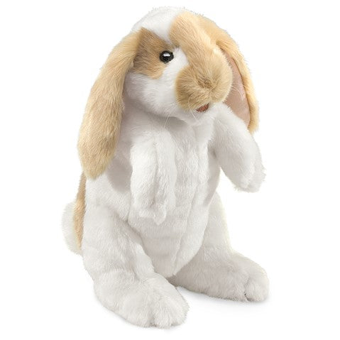 Folkmanis Standing Lop Rabbit puppet with soft white and brown fur, long floppy ears, and open mouth ready for feeding