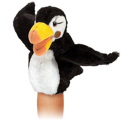 Folkmanis Little Puffin hand puppet with flappable wings and colorful beak, perfect for small hands and playful learning