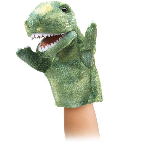 Green Tyrannosaurus Rex hand puppet with open mouth and sharp teeth, movable arms for interactive play