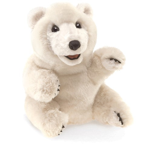 Cuddly Folkmanis sitting polar bear puppet with movable mouth and legs, perfect for teaching kids about conservation