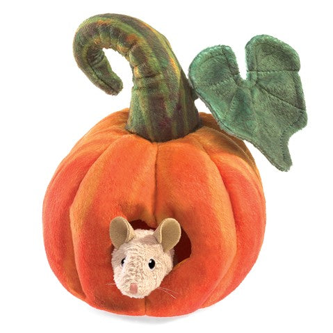 Folkmanis Mouse in Pumpkin finger puppet, soft plush toy with gray mouse peeking out of orange pumpkin with green stem and leaf