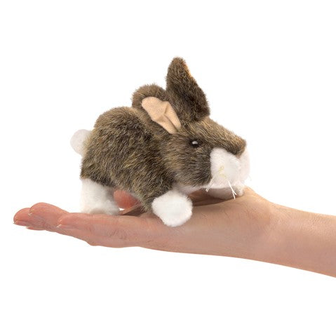 Folkmanis Mini Cottontail Rabbit finger puppet on hand, soft brown and white plush toy, portable 5-inch size for all ages
