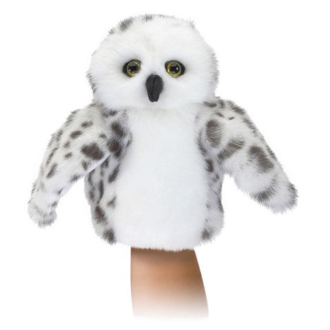 Folkmanis Little Snowy Owl hand puppet with fluffy white feathers, spotted wings, and large yellow eyes for interactive play