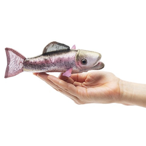 Realistic Folkmanis rainbow trout finger puppet with shimmery fabric held in hand, showcasing lifelike fins and details