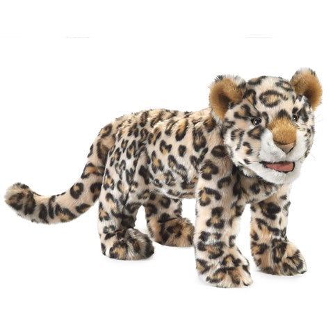Realistic Folkmanis leopard cub puppet with spotted fur, movable mouth, and long tail on white background
